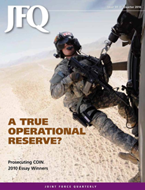 Cover of Joint Force Quarterly magazine featuring a military service member in gear looking out from an aircraft, with text highlighting defense strategy and joint operations.